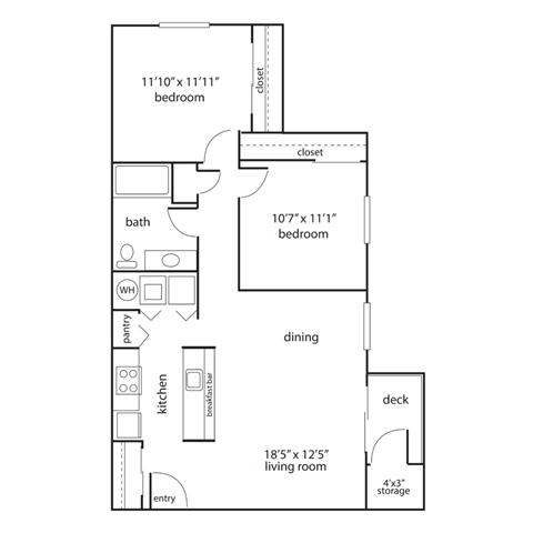 Floor plan for 2 beds, 1 bath, 936 sqft
